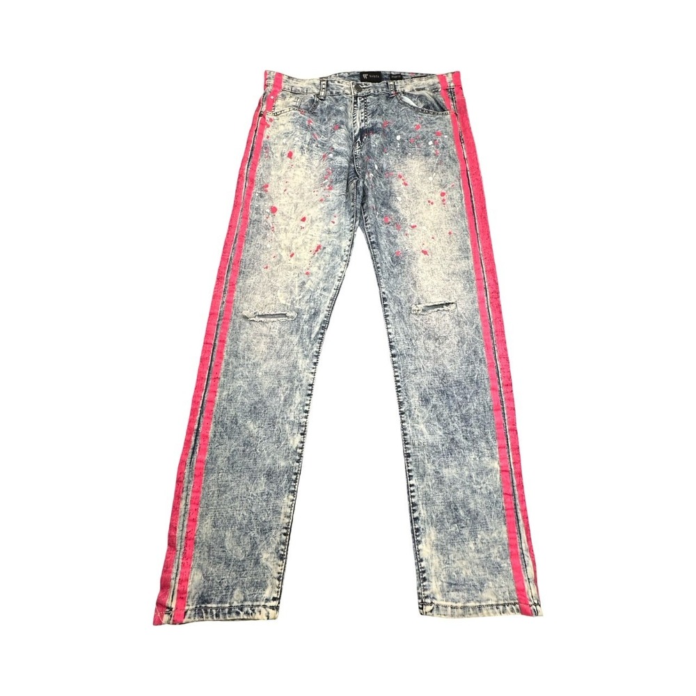 Waimea Jeans Mens 38 Blue Acid Wash Skinny Fit Pink Stripe Paint Splatter Denim